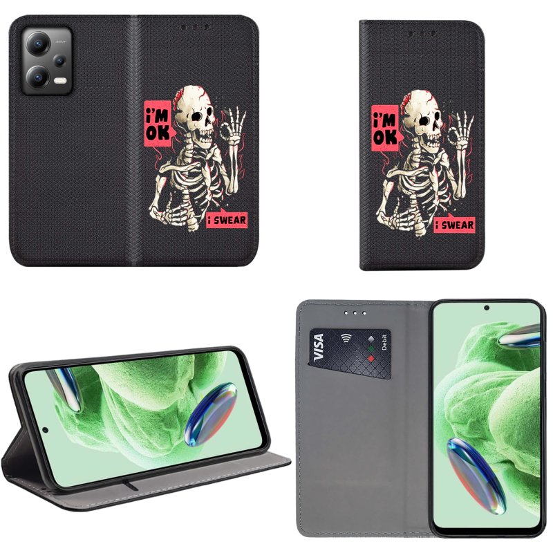 Etui do Xiaomi Redmi Note 12 5G zamykane malowane wzór szkielet + szkło pokrowiec kabura case z klapką