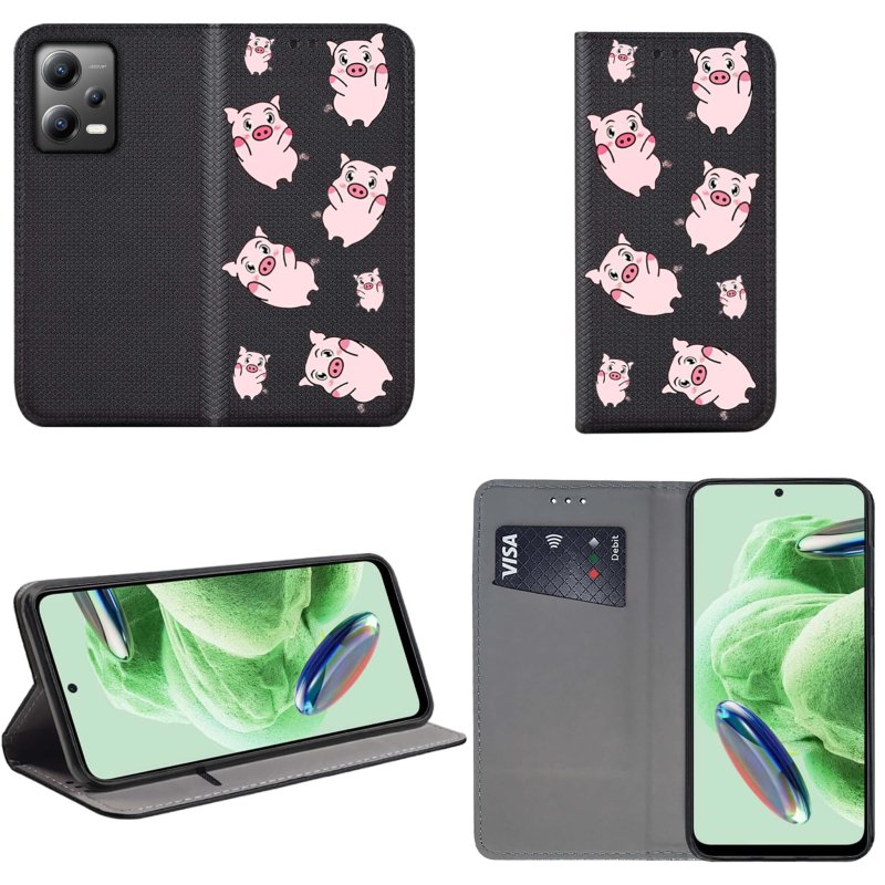 Etui do Xiaomi Redmi Note 12 5G zamykane malowane wzór świnki + szkło pokrowiec kabura case z klapką