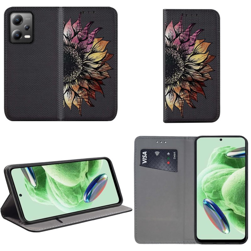 Etui do Xiaomi Redmi Note 12 5G zamykane malowane wzór kwiat + szkło pokrowiec kabura case z klapką