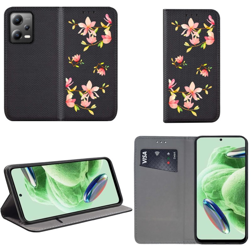 Etui do Xiaomi Redmi Note 12 5G zamykane malowane wzór kwiatki + szkło pokrowiec kabura case z klapką