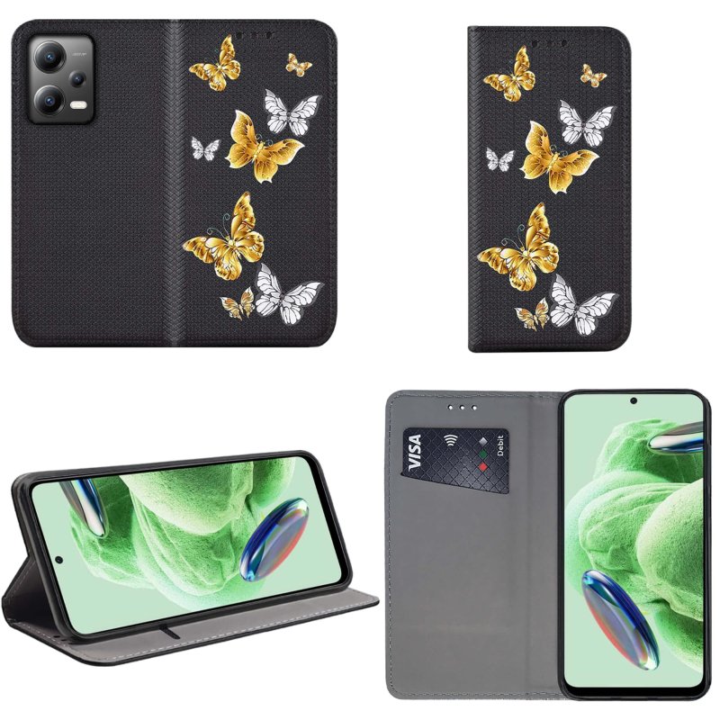 Etui do Xiaomi Redmi Note 12 5G zamykane malowane wzór motyle + szkło pokrowiec kabura case z klapką