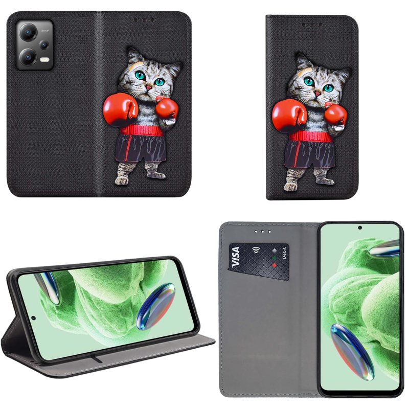 Etui do Xiaomi Redmi Note 12 5G zamykane malowane wzór kot + szkło pokrowiec kabura case z klapką