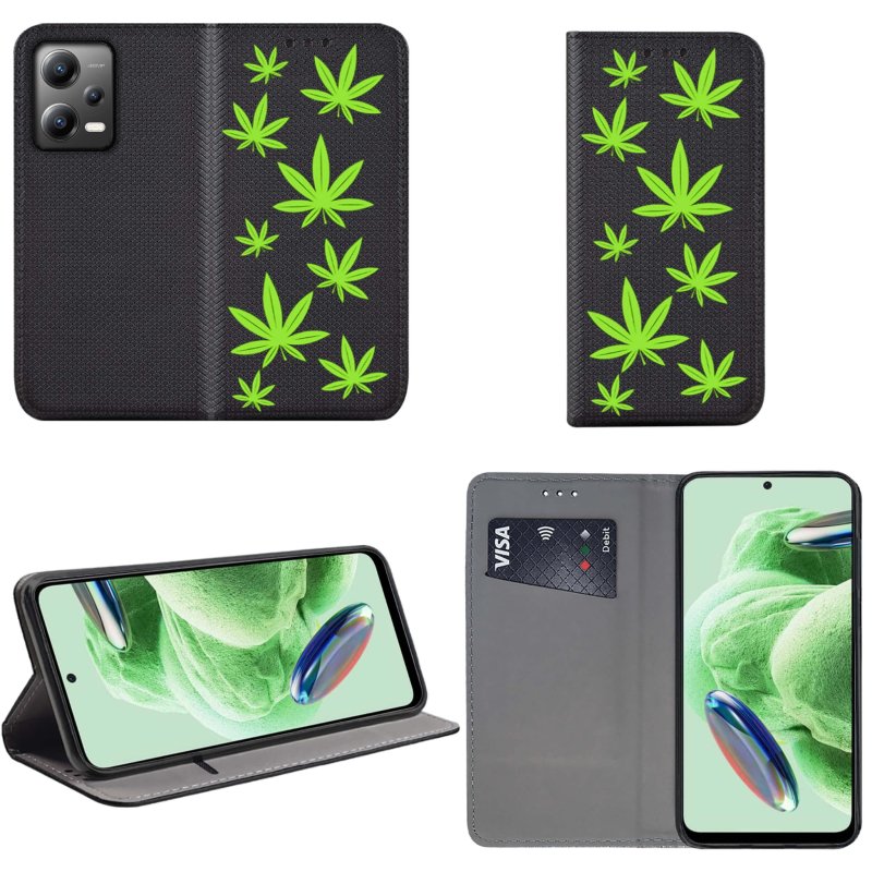 Etui do Xiaomi Redmi Note 12 5G zamykane malowane wzór liście + szkło pokrowiec kabura case z klapką