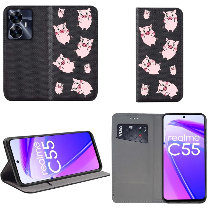 Etui do Realme C55 zamykane malowane wzór świnki + szkło pokrowiec kabura case z klapką