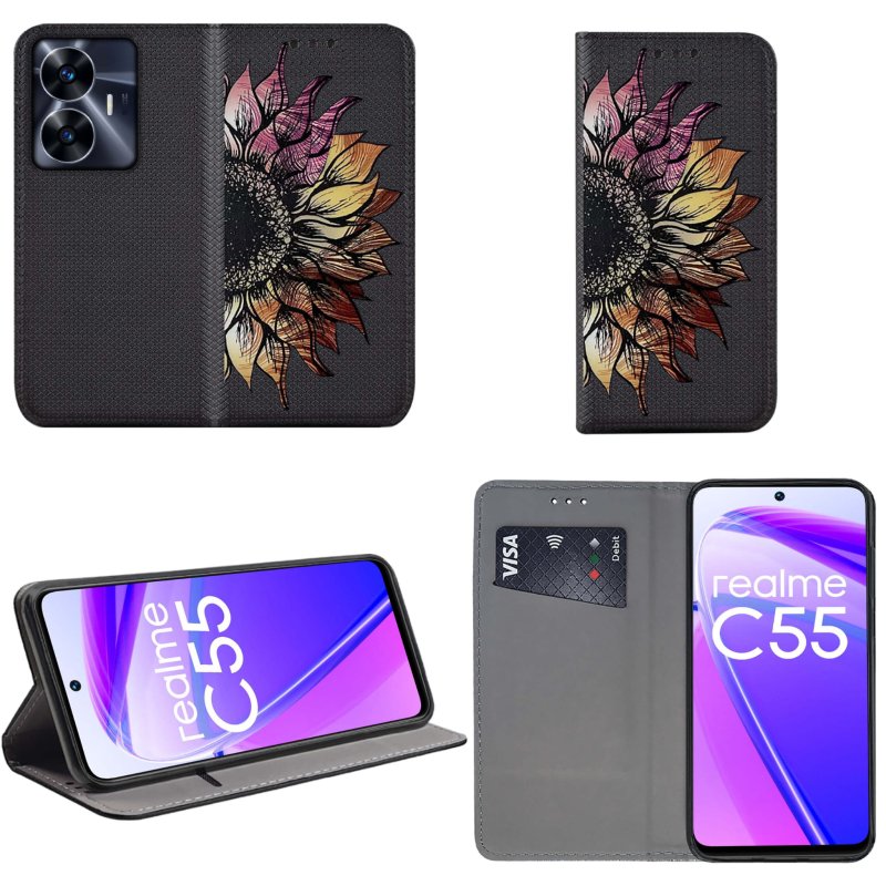 Etui do Realme C55 zamykane malowane wzór kwiat + szkło pokrowiec kabura case z klapką