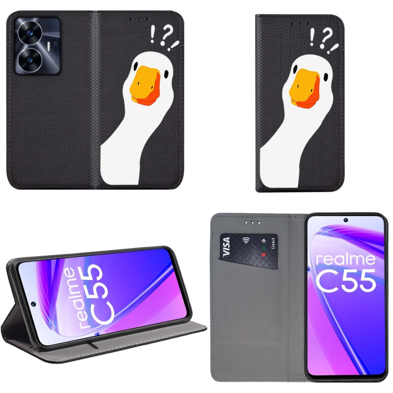 Etui do Realme C55 zamykane malowane wzór gęś kaczka pipa + szkło pokrowiec kabura case z klapką