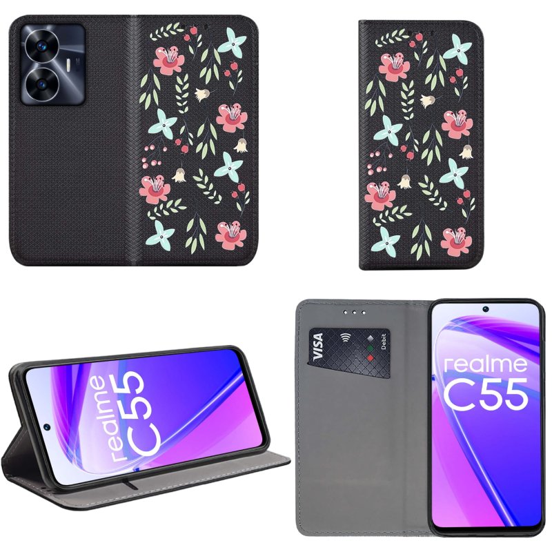 Etui do Realme C55 zamykane malowane wzór kwiaty + szkło pokrowiec kabura case z klapką