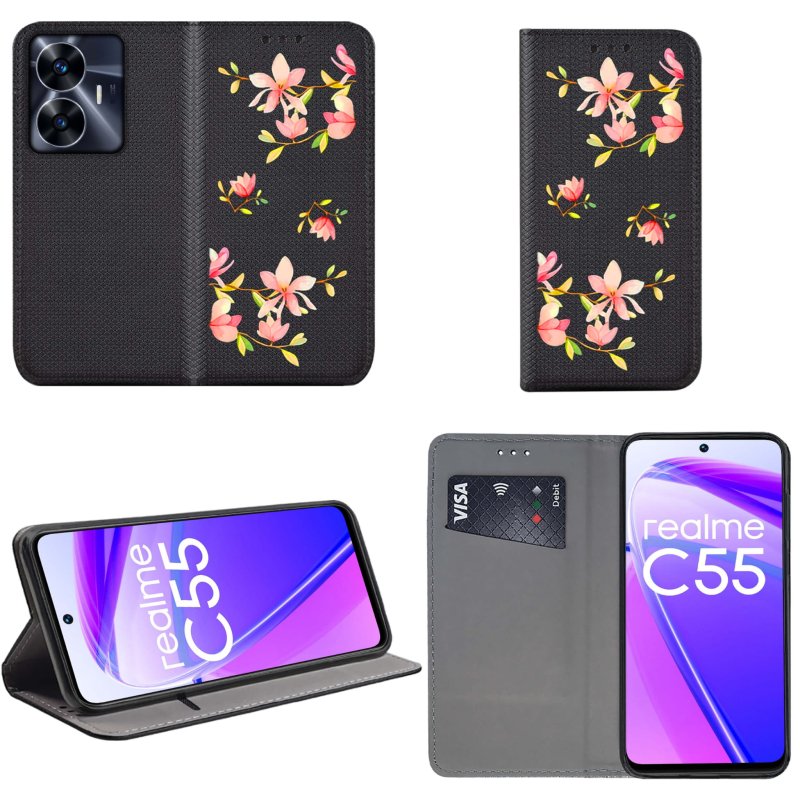 Etui do Realme C55 zamykane malowane wzór kwiatki + szkło pokrowiec kabura case z klapką