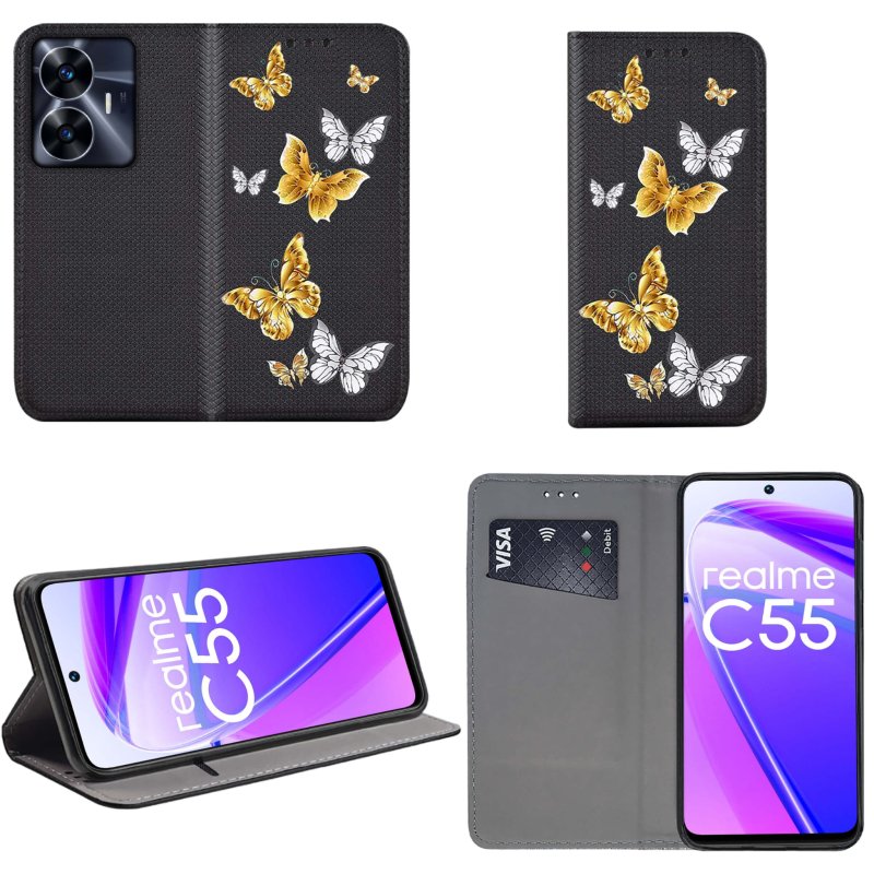 Etui do Realme C55 zamykane malowane wzór motyle + szkło pokrowiec kabura case z klapką