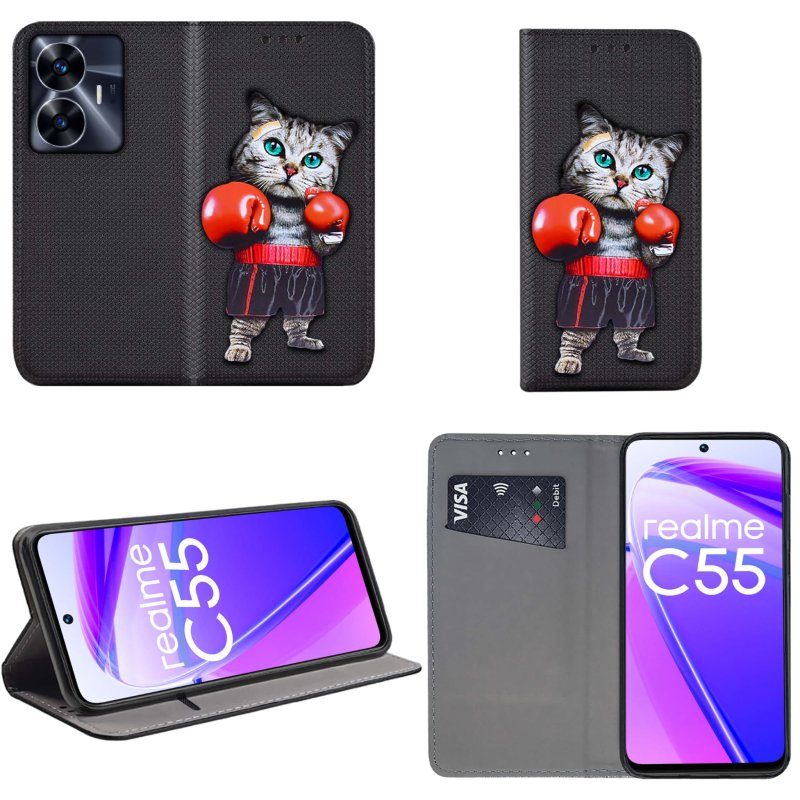 Etui do Realme C55 zamykane malowane wzór kot + szkło pokrowiec kabura case z klapką