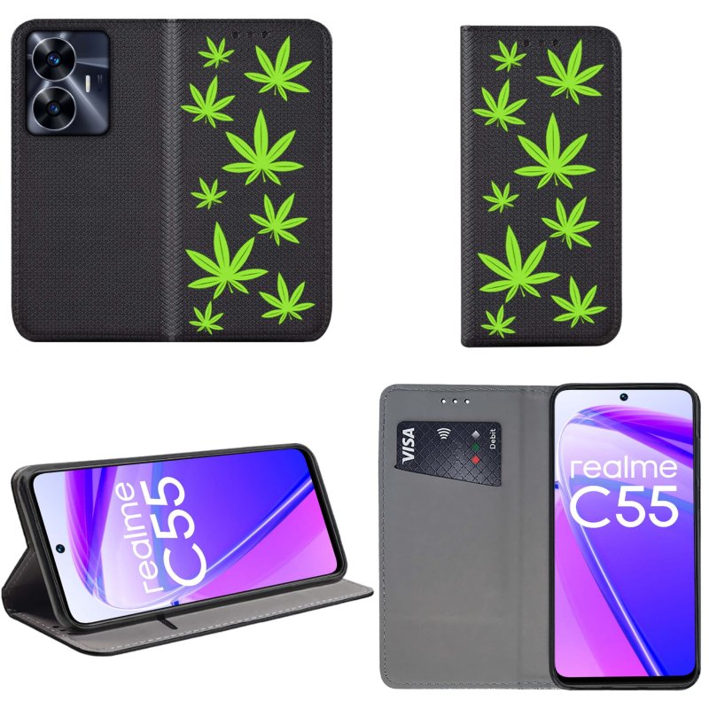 Etui do Realme C55 zamykane malowane wzór liście + szkło pokrowiec kabura case z klapką