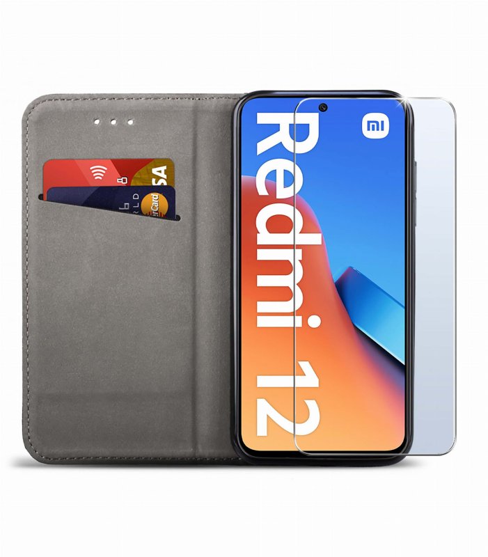 Etui do Xiaomi Redmi 12 4G zamykane czarne + szkło pokrowiec kabura case z klapką