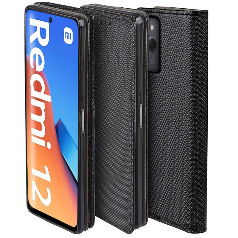 Etui do Xiaomi Redmi 12 4G zamykane czarne + szkło pokrowiec kabura case z klapką