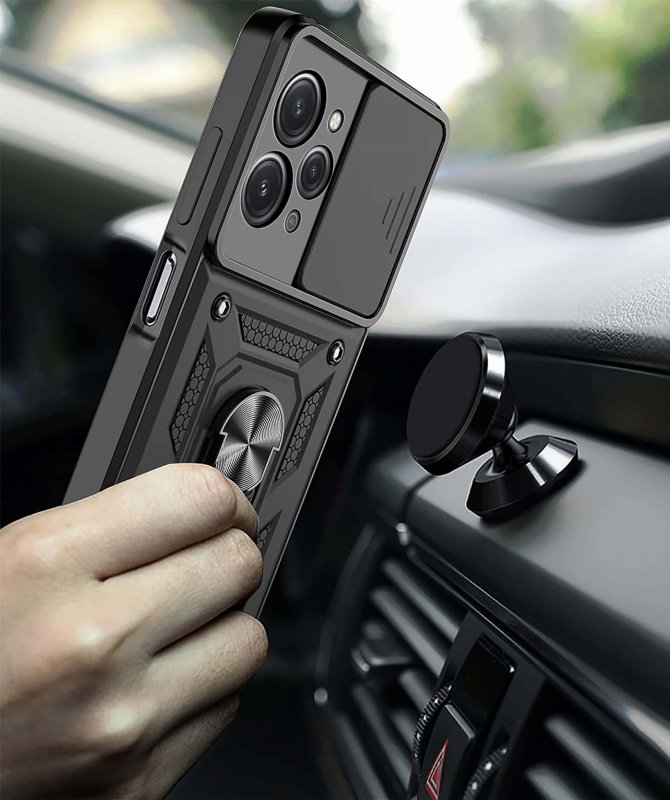 Etui do Xiaomi Redmi 12 4G czarne pancerne ring z osłoną na aparat + szkło nakładka na plecki case