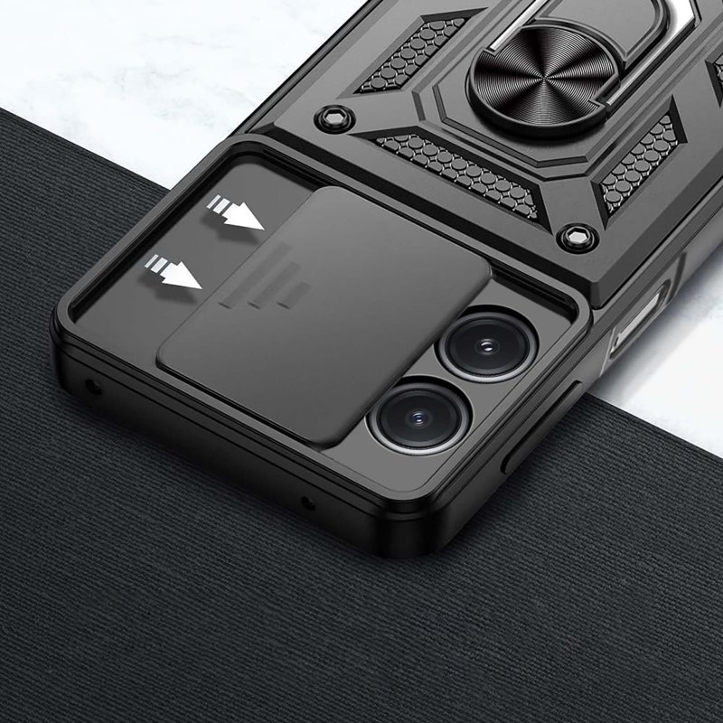 Etui do Xiaomi Redmi 12 4G czarne pancerne ring z osłoną na aparat + szkło nakładka na plecki case