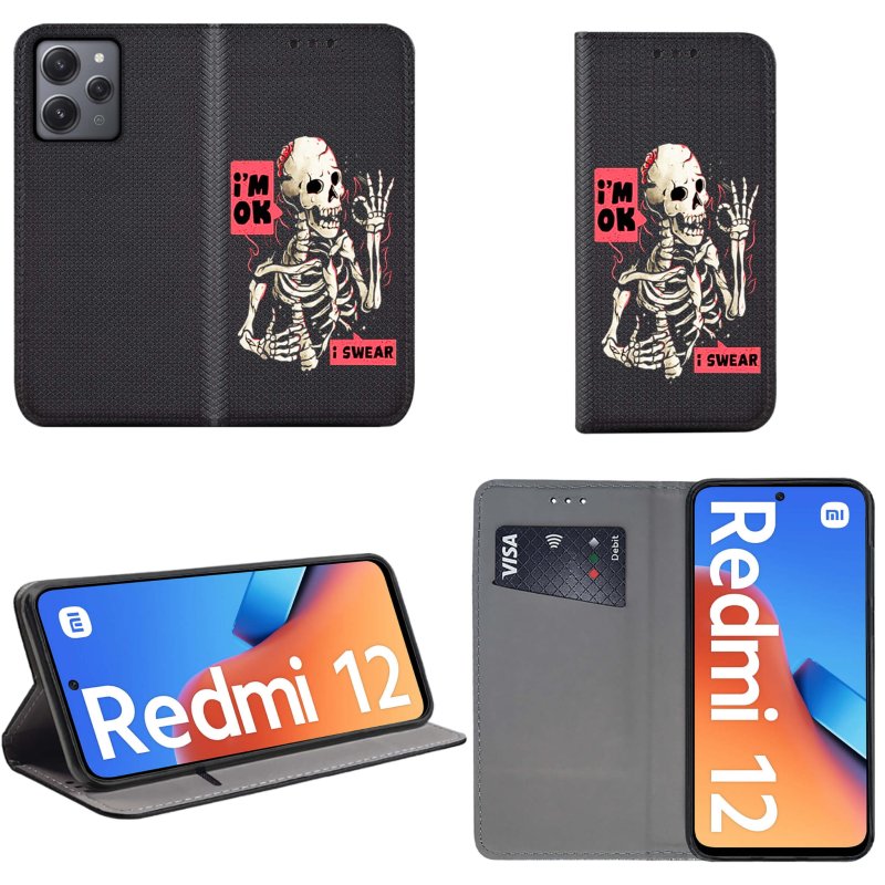 Etui malowane do Xiaomi Redmi 12 4G zamykane malowane wzór szkielet + szkło zamykane pokrowiec kabura z klapką case