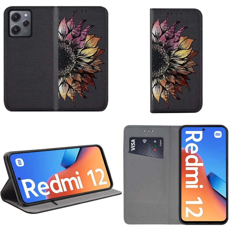 Etui malowane do Xiaomi Redmi 12 4G zamykane malowane wzór kwiat + szkło zamykane pokrowiec kabura z klapką case