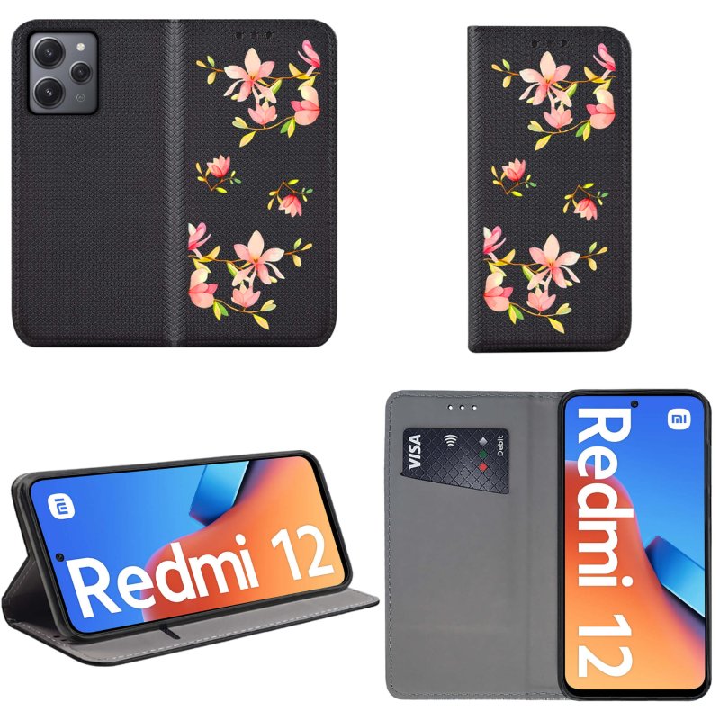 Etui malowane do Xiaomi Redmi 12 4G zamykane malowane wzór kwiatki + szkło zamykane pokrowiec kabura z klapką case