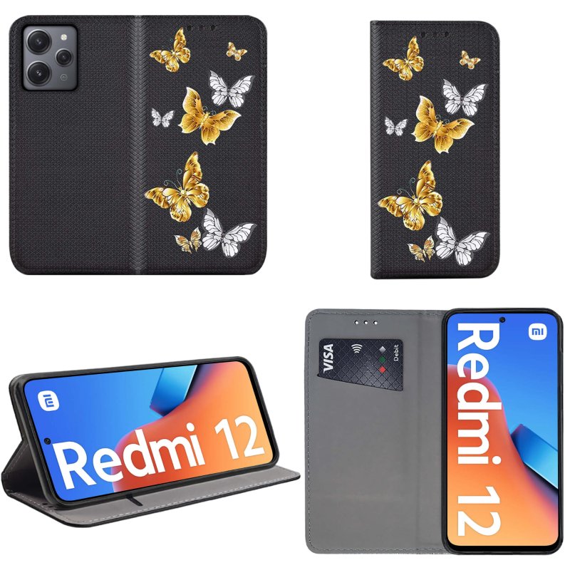 Etui do Xiaomi Redmi 12 4G zamykane malowane wzór motyle + szkło zamykane pokrowiec kabura z klapką case