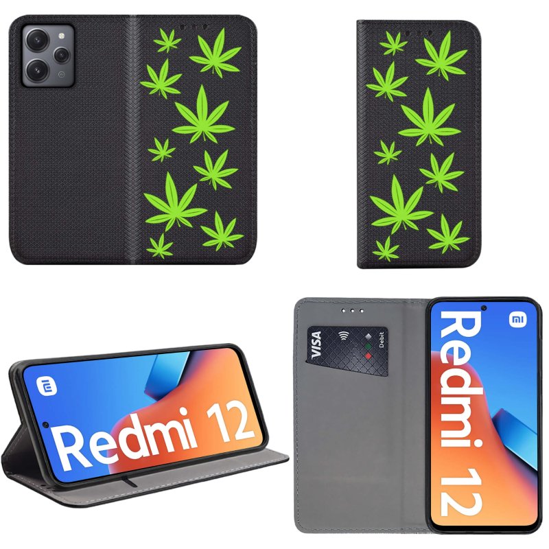 Etui do Xiaomi Redmi 12 4G zamykane malowane wzór liście + szkło zamykane pokrowiec kabura z klapką case