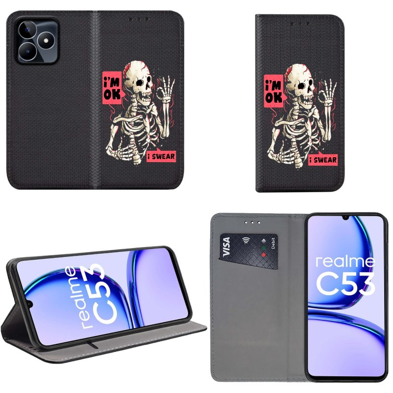 Etui do Realme C53 zamykane malowane wzór szkielet + szkło pokrowiec kabura case z klapką