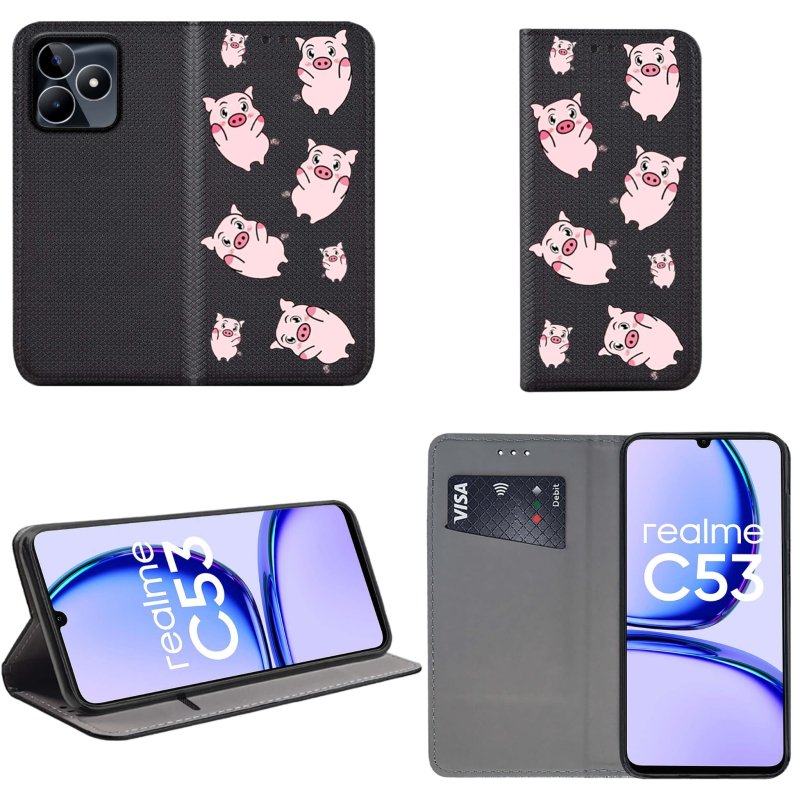 Etui do Realme C53 zamykane malowane wzór świnki + szkło pokrowiec kabura case z klapką