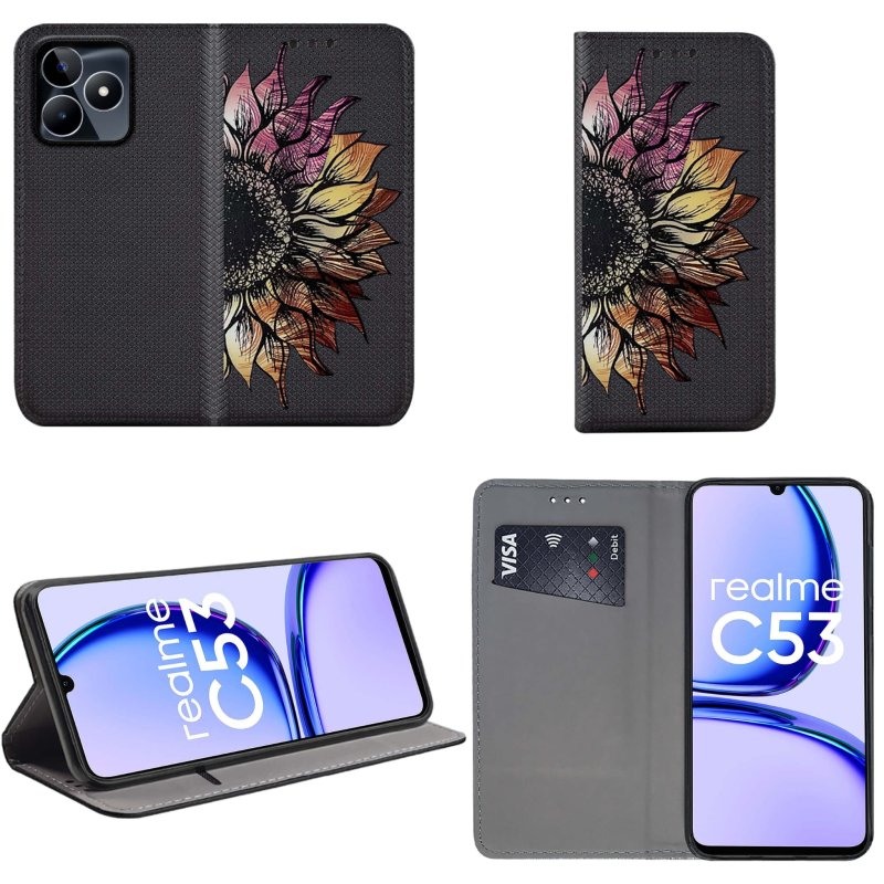 Etui do Realme C53 zamykane malowane wzór kwiat + szkło pokrowiec kabura case z klapką