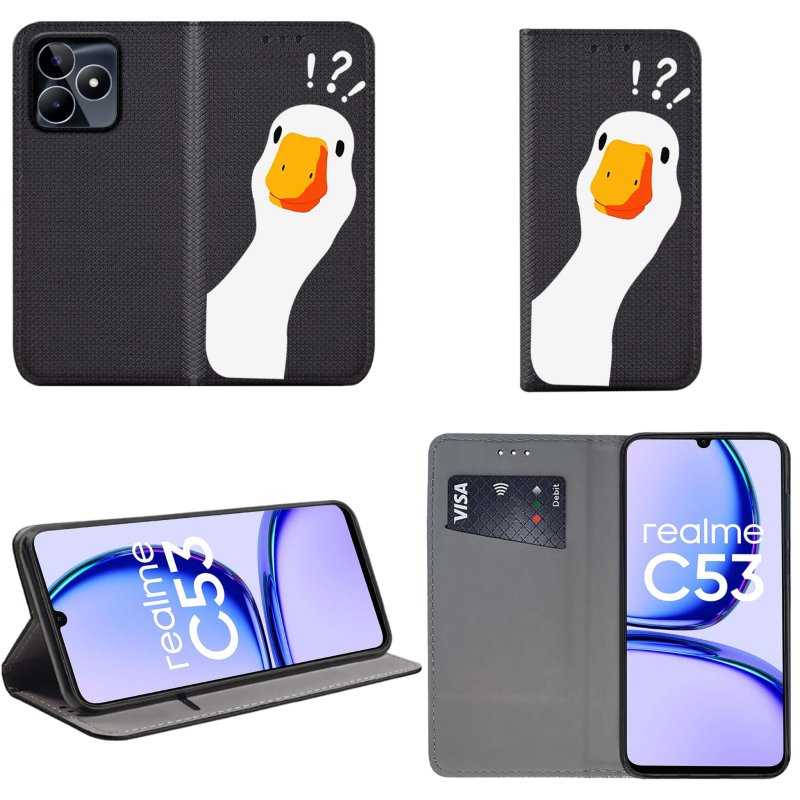 Etui do Realme C53 zamykane malowane wzór gęś kaczka pipa + szkło pokrowiec kabura case z klapką