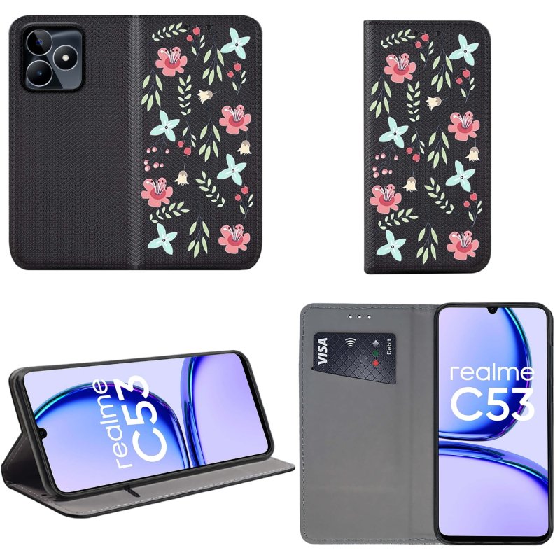 Etui do Realme C53 zamykane malowane wzór kwiaty + szkło pokrowiec kabura case z klapką