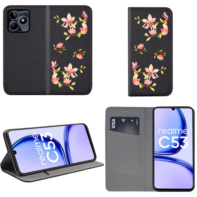 Etui do Realme C53 zamykane malowane wzór kwiatki + szkło pokrowiec kabura case z klapką