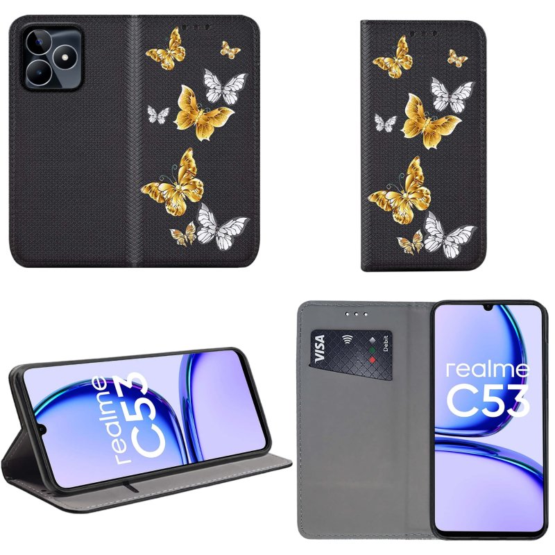 Etui do Realme C53 zamykane malowane wzór motyle + szkło pokrowiec kabura case z klapką