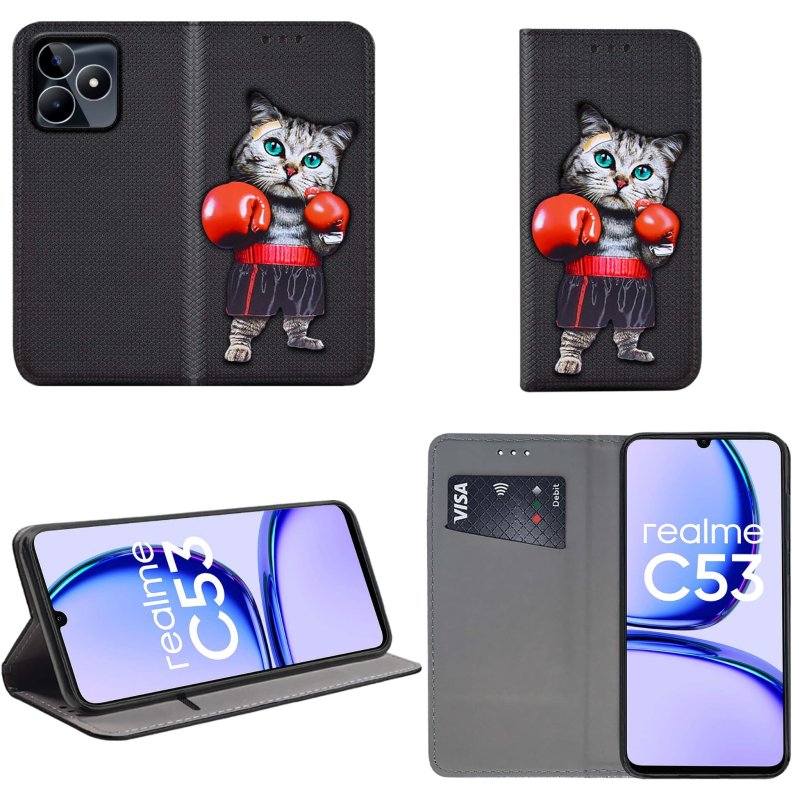 Etui do Realme C53 zamykane malowane wzór kot + szkło pokrowiec kabura case z klapką