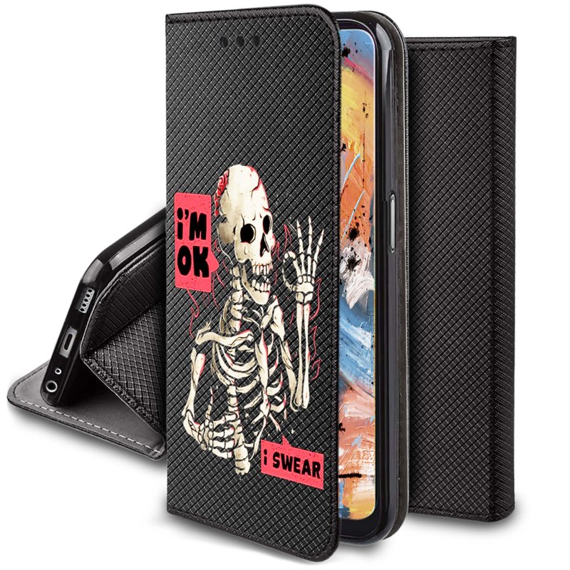 Etui do Oppo A78 / A58 5G zamykane malowane wzór szkielet + szkło pokrowiec kabura case z klapka