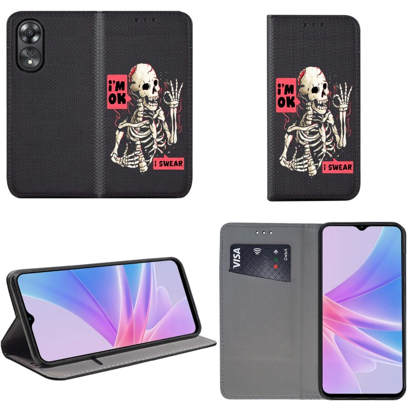 Etui do Oppo A78 / A58 5G zamykane malowane wzór szkielet + szkło pokrowiec kabura case z klapka
