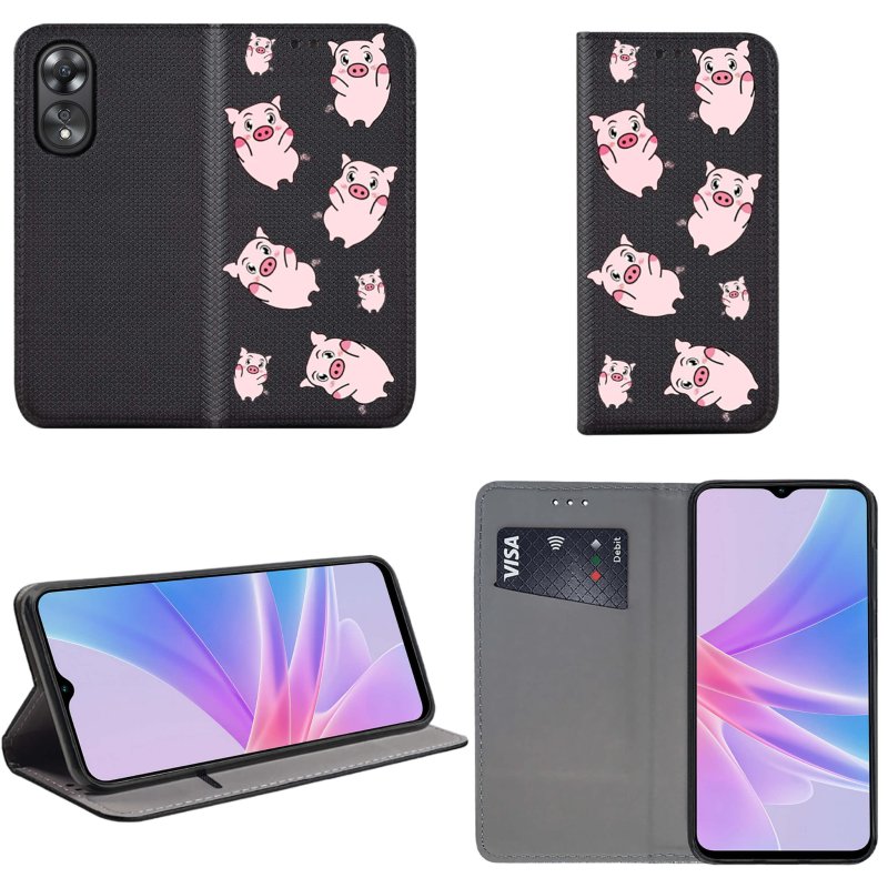 Etui do Oppo A78 / A58 5G zamykane malowane wzór świnki + szkło pokrowiec kabura case z klapka
