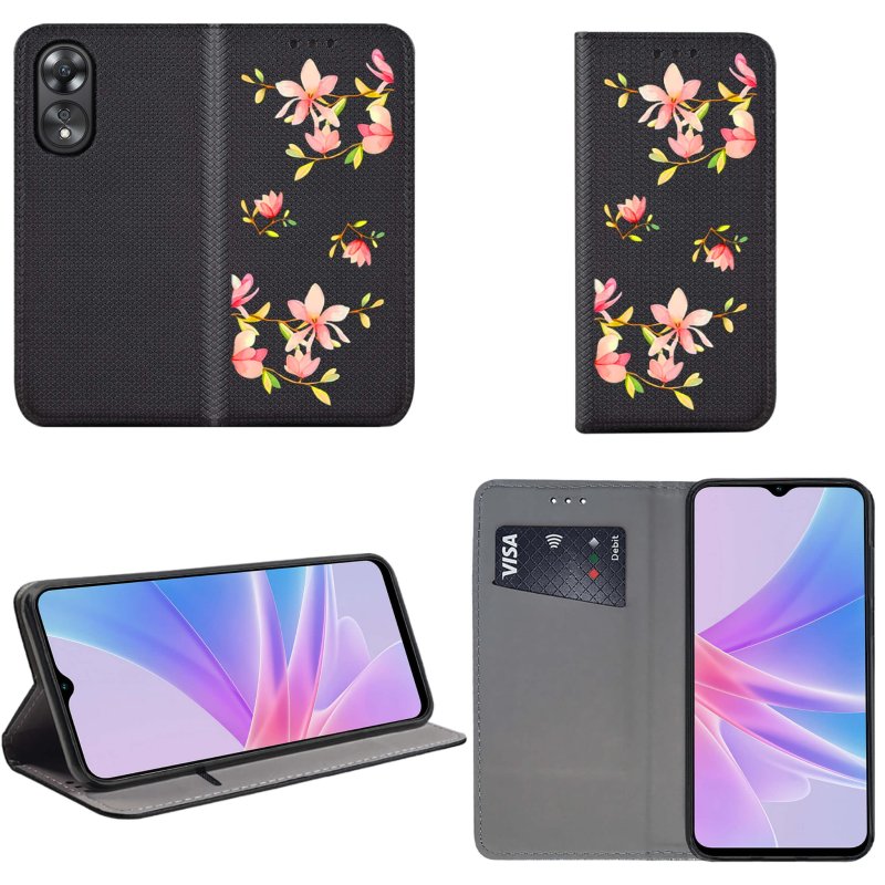 Etui do Oppo A78 / A58 5G zamykane malowane wzór kwiatki + szkło pokrowiec kabura case z klapka