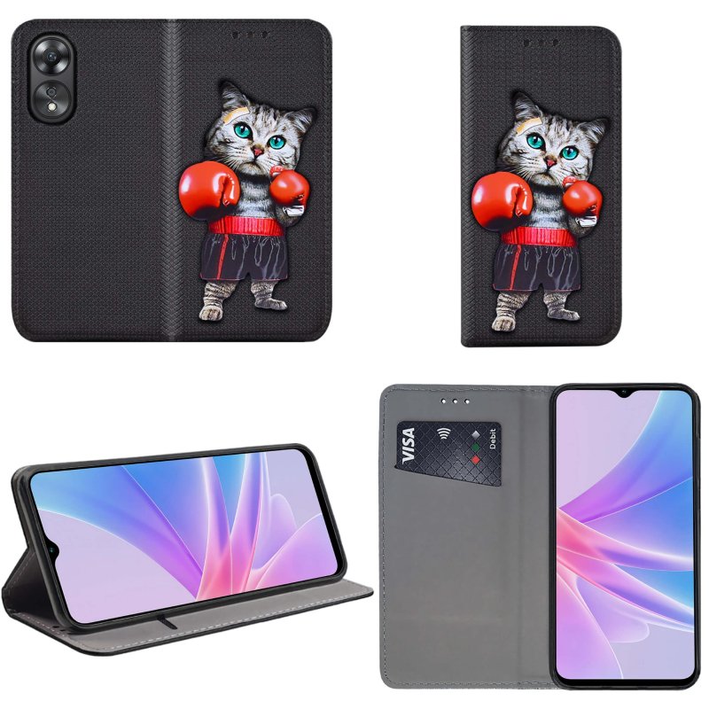 Etui do Oppo A78 / A58 5G zamykane malowane wzór kot + szkło pokrowiec kabura case z klapka