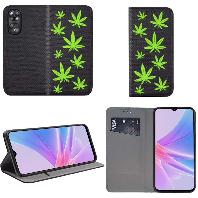 Etui do Oppo A78 / A58 5G zamykane malowane wzór liście + szkło pokrowiec kabura case z klapka marycha konopia zioło