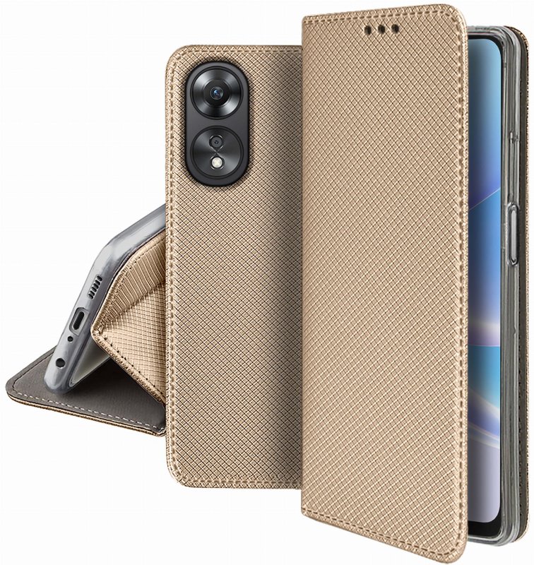 Etui do Oppo A78 / A58 5G złote zamykane + szkło pokrowiec kabura case z klapka
