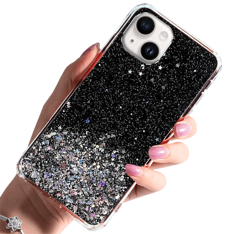 etui brokat do iphone 13 14 czarne + szkło nakładka na plecki case