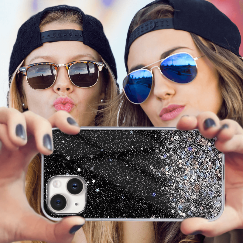 etui brokat do iphone 13 14 czarne + szkło nakładka na plecki case