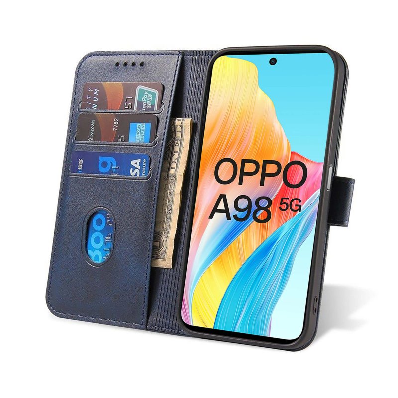 Etui do Oppo A98 5G granatowe skórzane z klapką + szkło pokrowiec kabura case zamykane