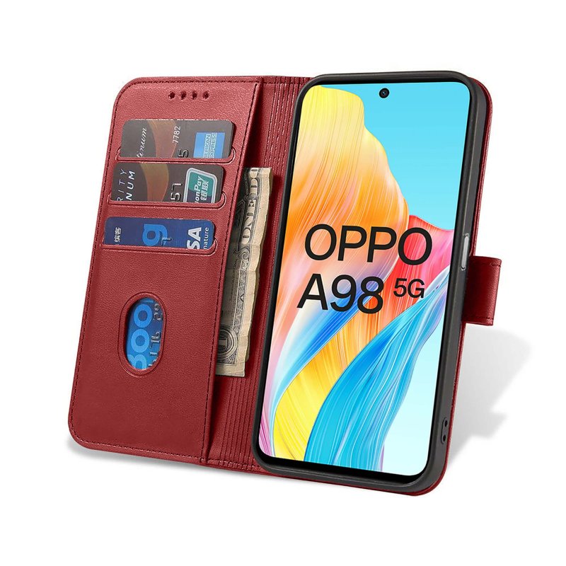 Etui do Oppo A98 5G bordowe skórzane z klapką + szkło pokrowiec kabura case zamykane
