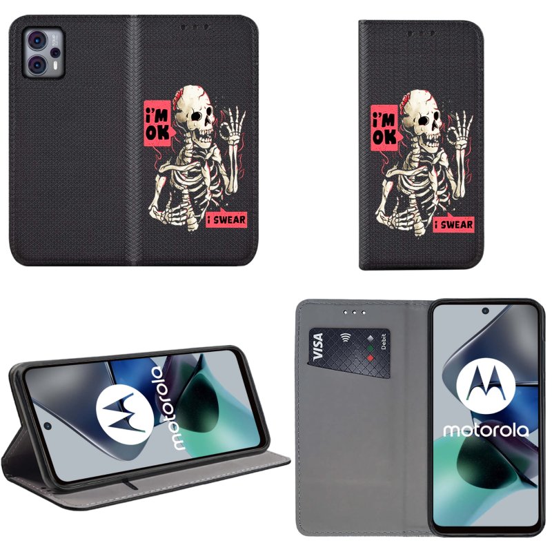 Etui do Motorola Moto G13 / G23 / G53 zamykane malowane wzór szkielet + szkło pokrowiec kabura case z klapką