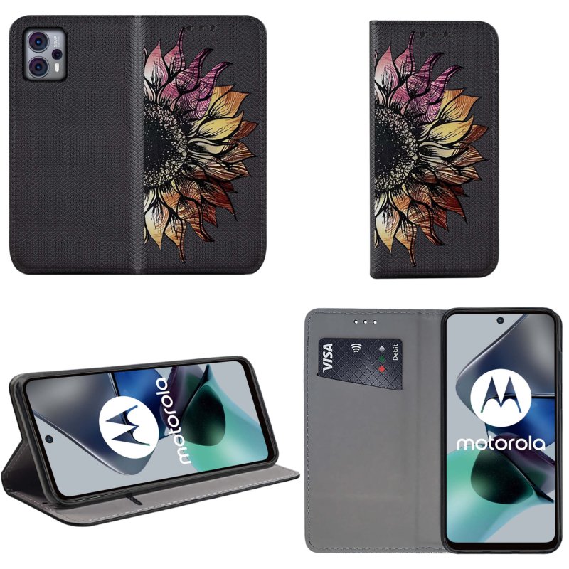 Etui do Motorola Moto G13 / G23 / G53 zamykane malowane wzór kwiat + szkło pokrowiec kabura case z klapką