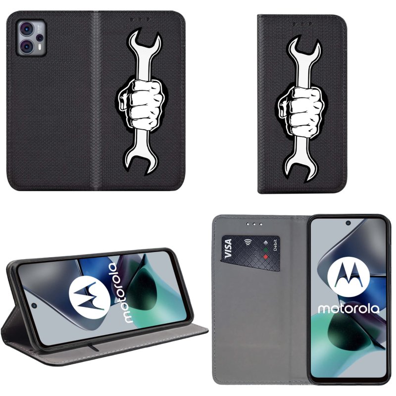 Etui do Motorola Moto G13 / G23 / G53 zamykane malowane wzór pięść klucz + szkło pokrowiec kabura case z klapką