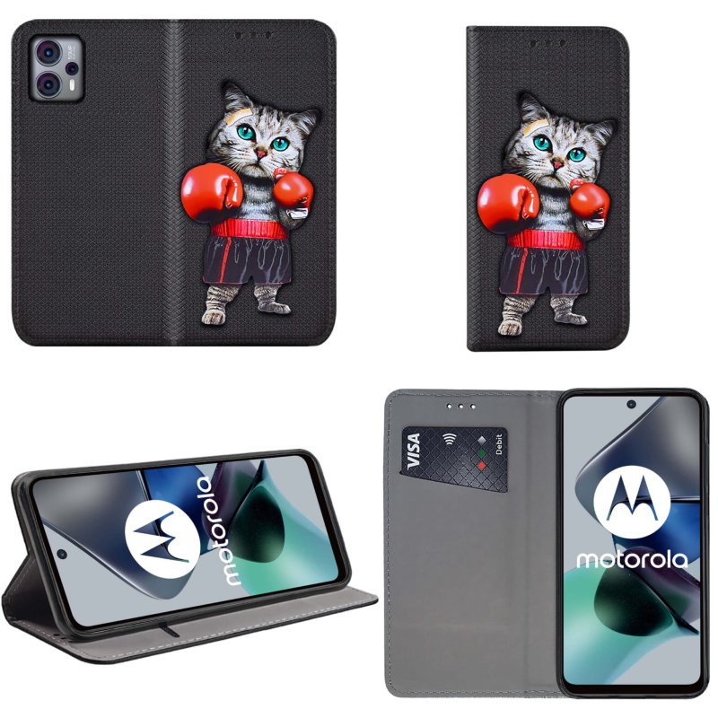 Etui do Motorola Moto G13 / G23 / G53 zamykane malowane wzór kot + szkło pokrowiec kabura case z klapką