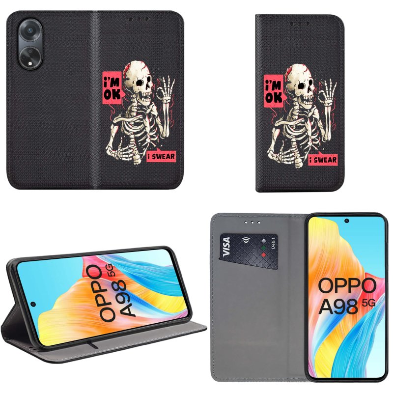 Etui do Oppo A98 5G zamykane malowane wzór szkielet + szkło pokrowiec kabura case z klapką