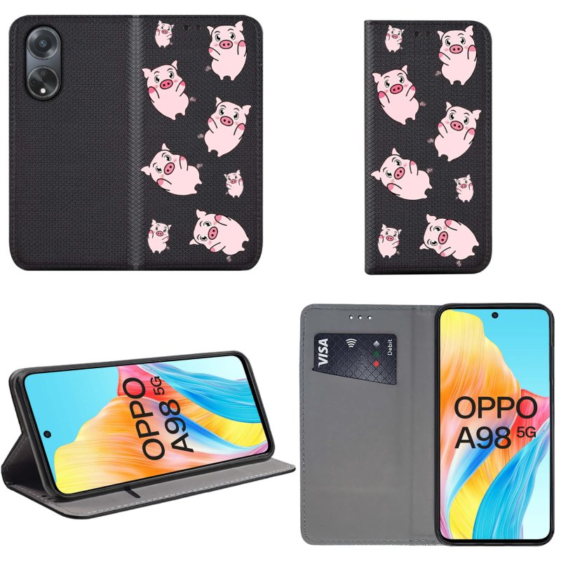 Etui do Oppo A98 5G zamykane malowane wzór swinki + szkło pokrowiec kabura case z klapką