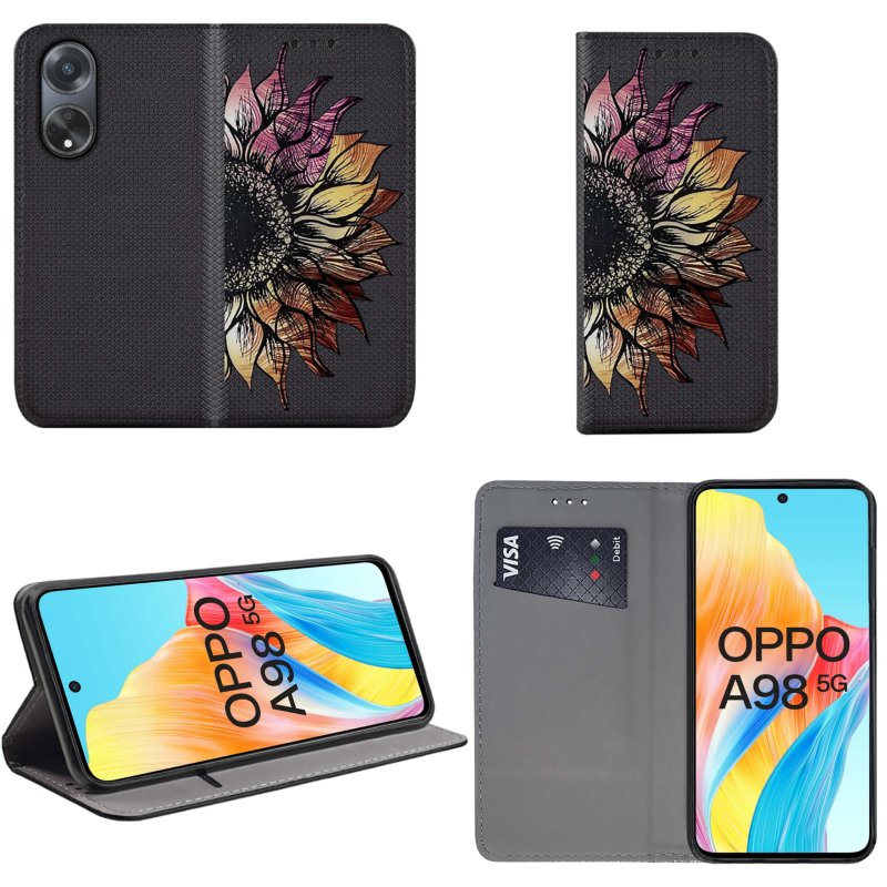 Etui do Oppo A98 5G zamykane malowane wzór kwiat + szkło pokrowiec kabura case z klapką